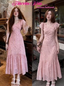 Đầm váy dài mặc hè chất Voan hoa 2 lớp mềm mại phối viền Ren giản dị thanh lịch_DX 1