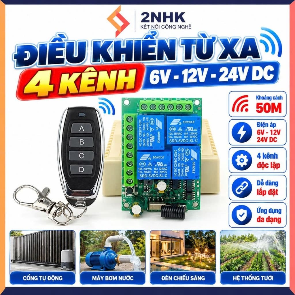 Bộ Điều Khiển Từ Xa RF 4 Kênh 433MHz 6V 12V 24V DC 5V–30V Mạch Thu Không Dây