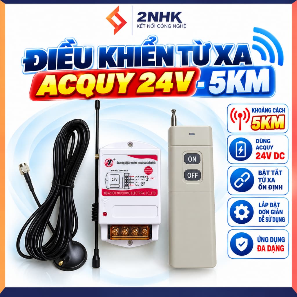 Bộ công tắc điều khiển từ xa acquy 24V - 5km bật tắt máy xịt thuốc, động cơ điện 1 chiều 24V (có học lệnh từ khiển khác)