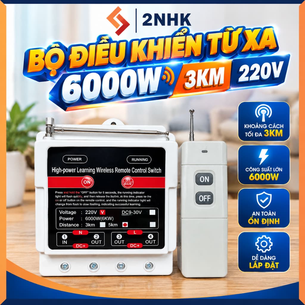 Công tắc khiển từ xa 1 pha (Công suất lớn) 6000W 220V 90A có nút học lệnh, xuyên vật cản 400-1000m không cần lắp khởi