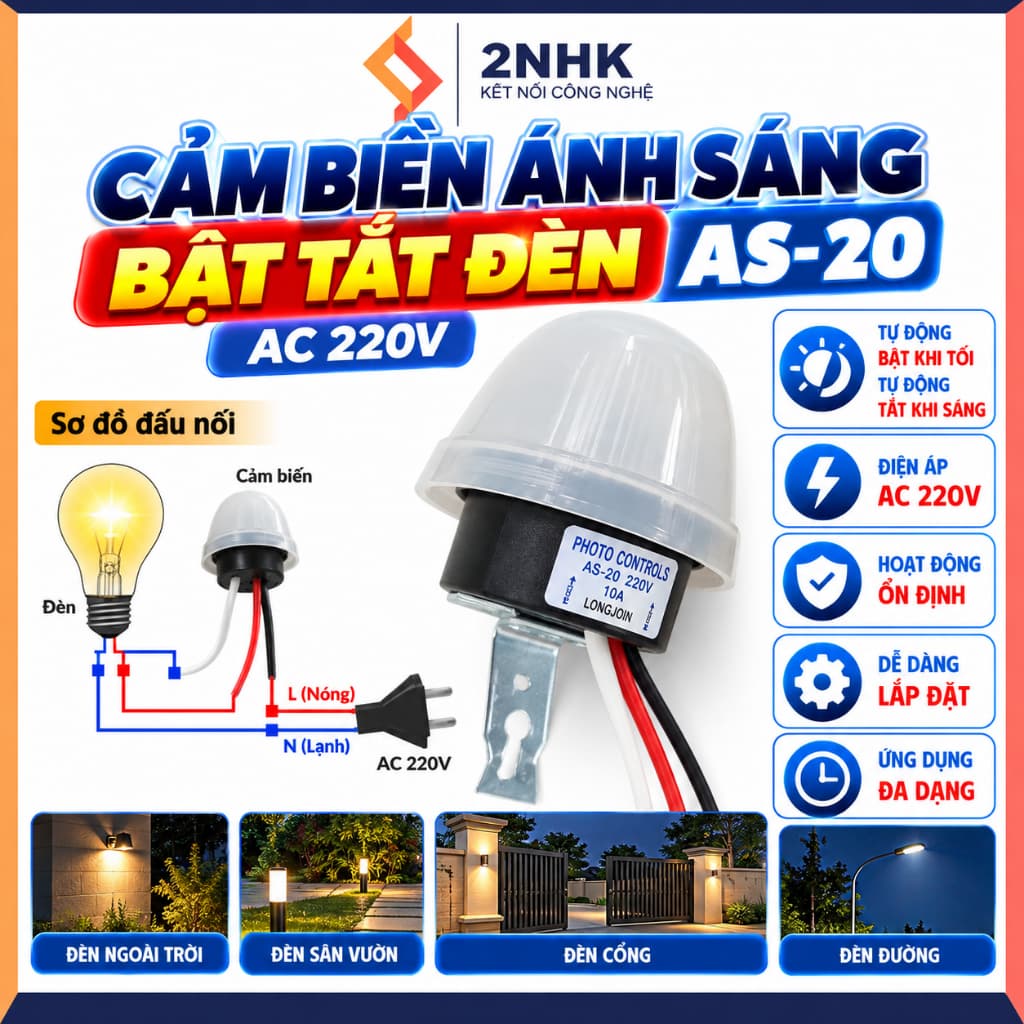 Công tắc cảm biến ánh sáng bật tắt đèn AS-20/ AC220V, tự động bật vào ban đêm , tắt vào ban ngày