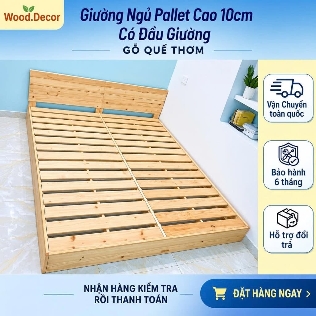 Giường Pallet Gỗ  Quế Thơm Kín Chân Đủ Kích Thước Chân Cao 10cm- Pallet Giá Rẻ Gấp Gọn I Shop WOOD DECOR