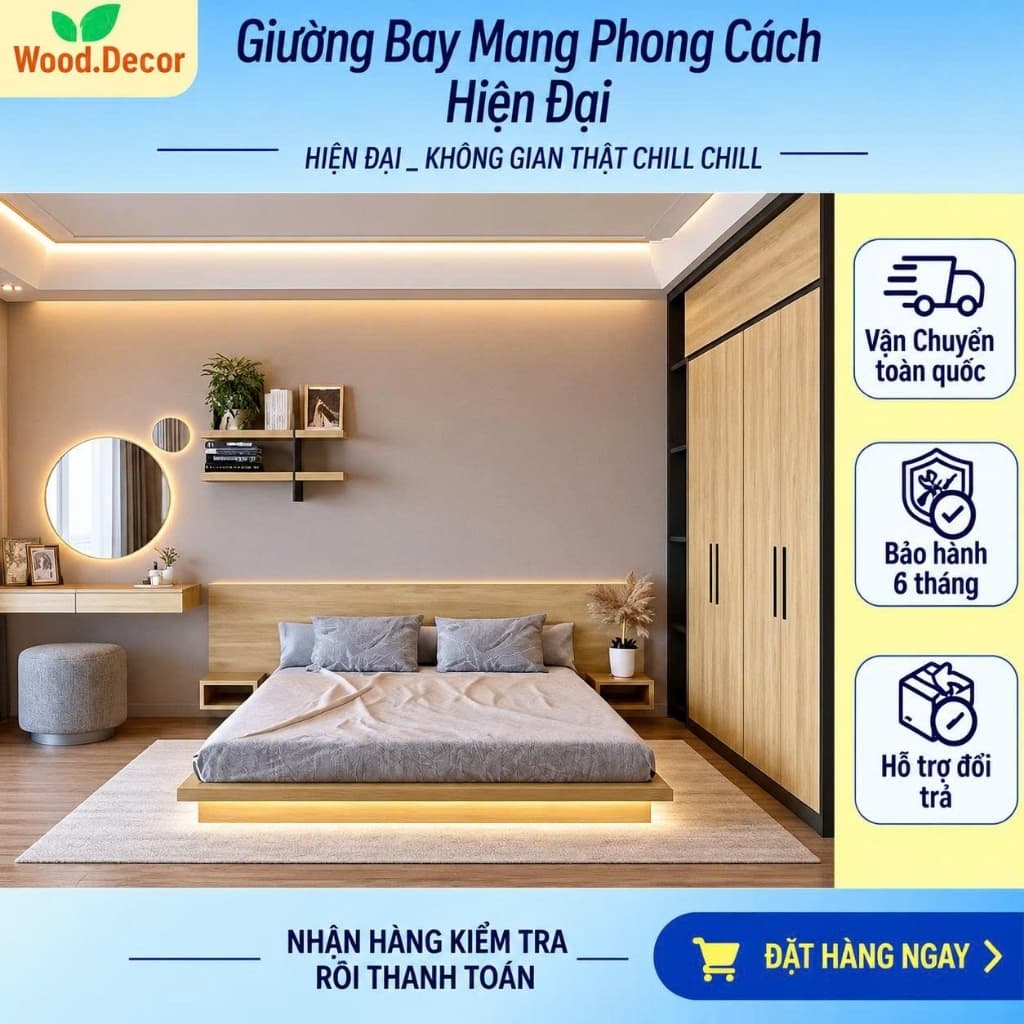 Giường Bay Gỗ Thông Cao cấp Gắn Đèn LED – Giường Ngủ Lơ Lửng Kiểu Nhật Sang Trọng I Shop WOOD DECOR 05