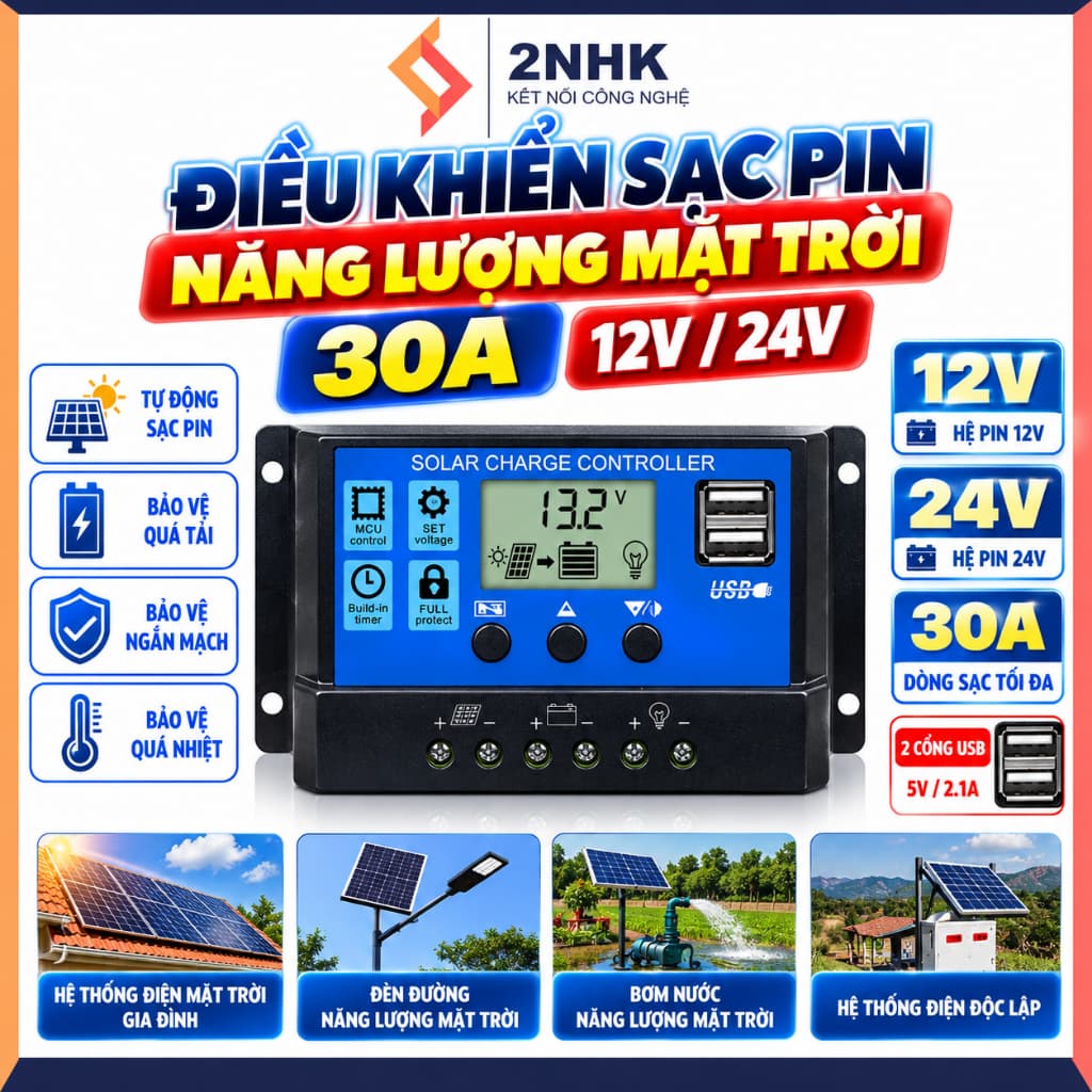 Bộ điều khiển sạc pin năng lượng mặt trời 30A/12v 24v đủ công suất dùng cho gia đình