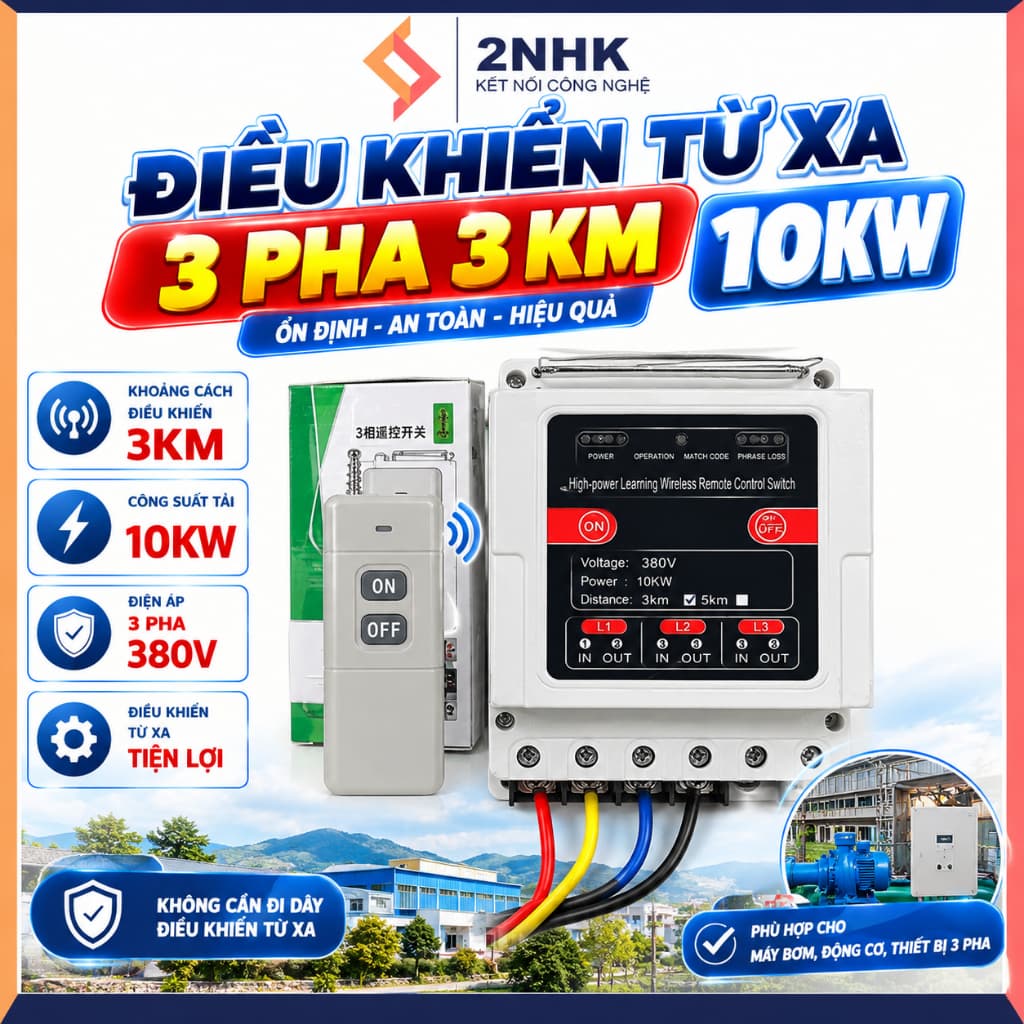 CÔNG TẮC ĐIỀU KHIỂN TỪ XA 3 PHA 3 KM 10kw lắp cho máy rửa xe máy bơm tưới tiêu...,công tắc không dây 380v