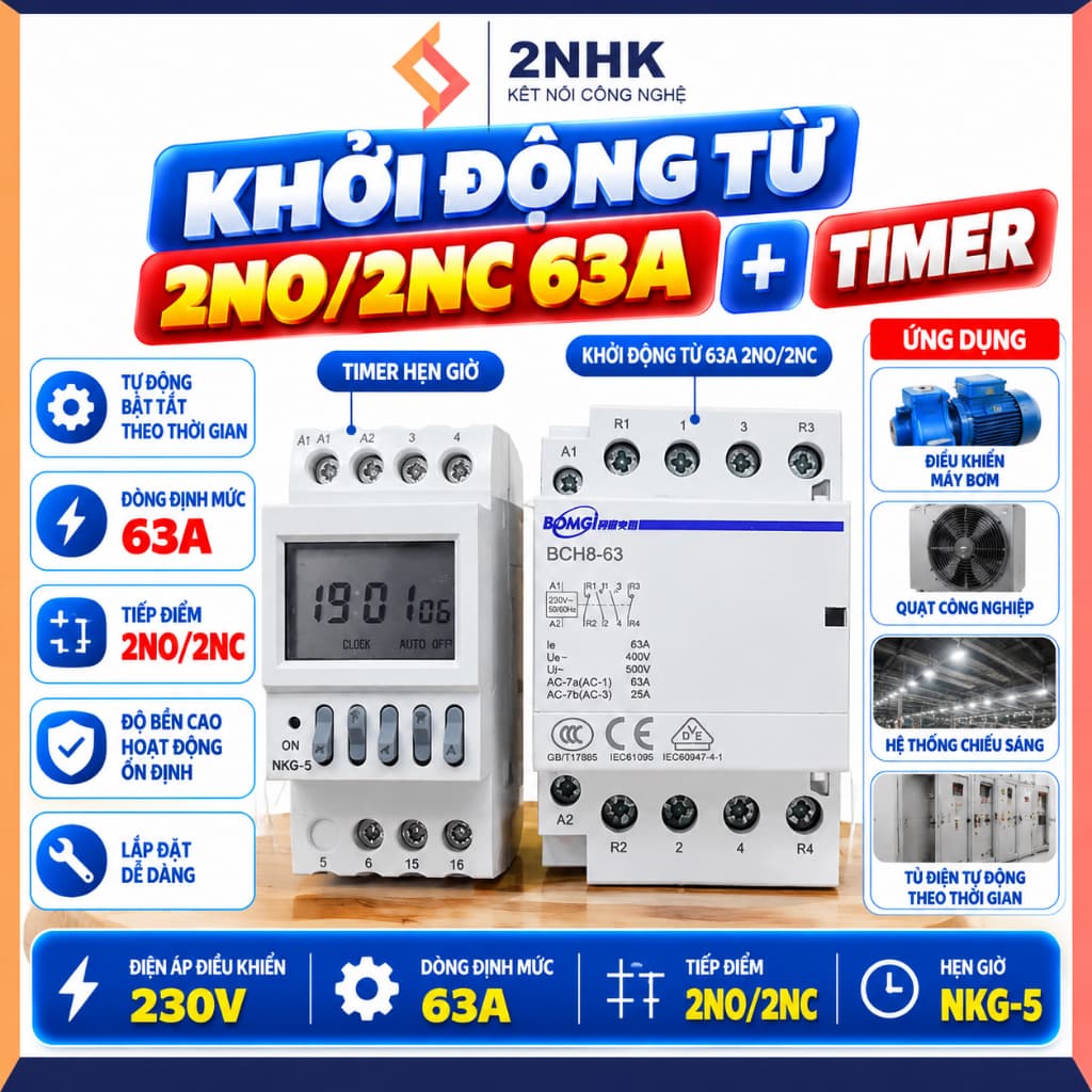 Khởi động từ 2NO/2NC 63A BOMGI và Bộ chuyển nguồn tự động luân phiên 15 ngày/ tháng Timer tháng NKG5