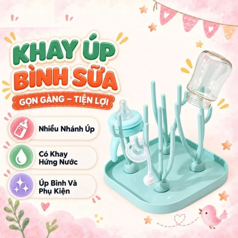 Khay Úp Ly, Bình Sữa Cho Bé 4 Nhánh Cây và Cọ Vệ Sinh (Ly/ Bình Nước) Cán Gỗ. LMS