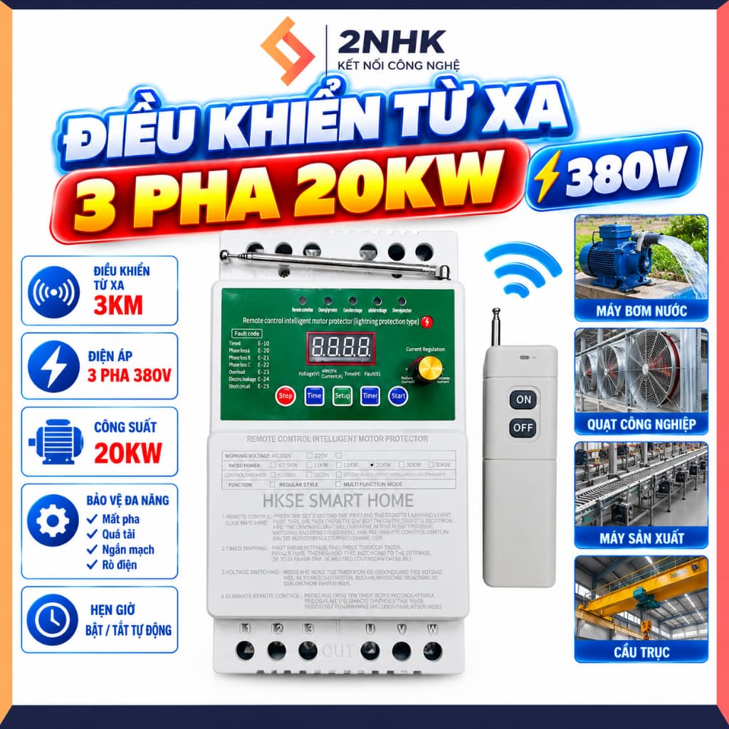 Công tắc điều khiển từ xa 3 pha cho máy bơm 20KW 380v chống mất pha- quá tải- chống rò rỉ điện-có học lệnh