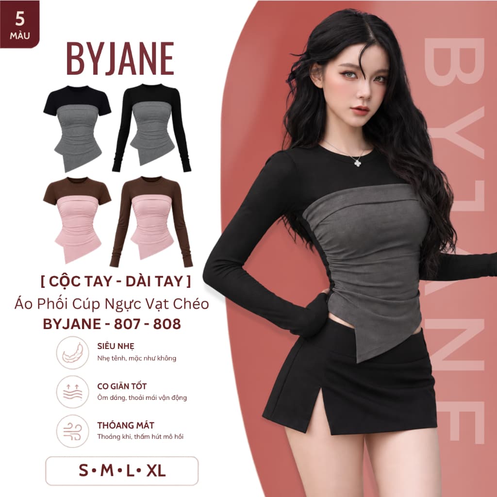 [TAY NGẮN - TAY DÀI] Áo Thun Nữ Phối Cúp Ngực Vạt Chéo Ôm Body Chất Thun Mịn Co Dãn BYJANE - 807 - 808