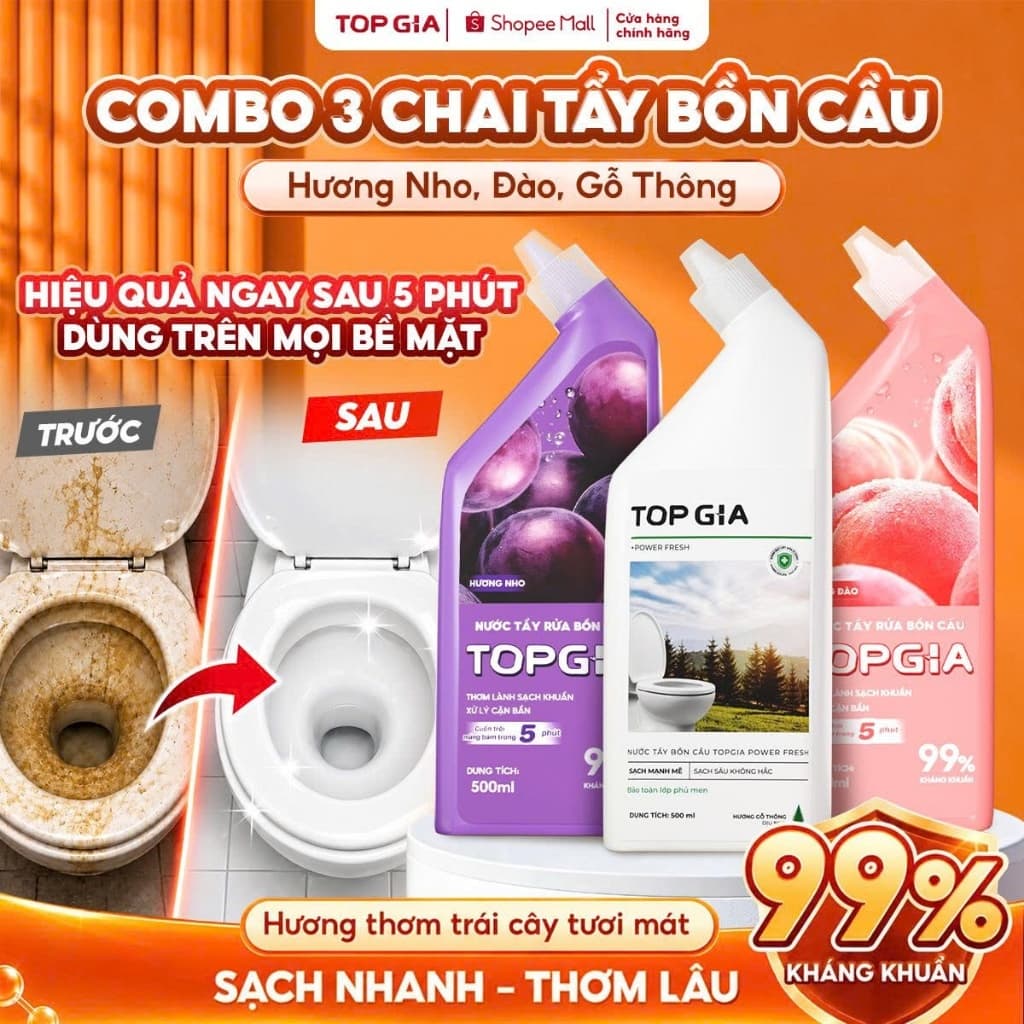 Nước tẩy bồn cầu Topgia 500ml hương Thông / Đào / Nho, thùng 4 chai tiết kiệm - Tạp hoá Gemgem