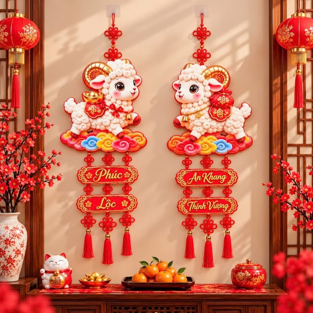 Bộ Đôi Dây Treo Trang Trí Tết 2027 Dán Cửa Hình Dê May Mắn, Phúc Lộc Tài, Câu Đối Chúc Mừng Năm Mới