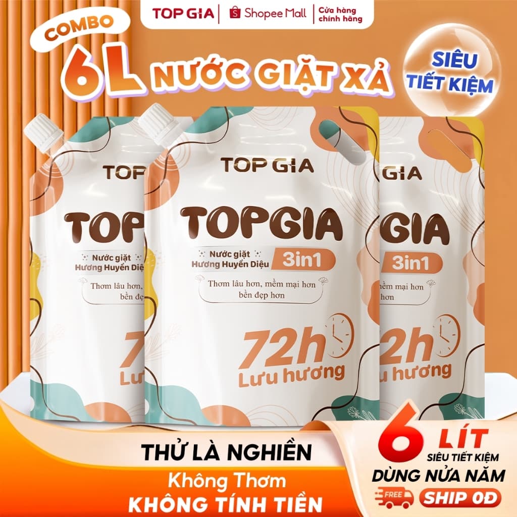 [COMBO 6L] Nước Giặt Xả TopGia 3in1 Hương Huyền Diệu Dịu Thơm Túi 2L, Làm Sạch Sâu, Lưu Hương 72H