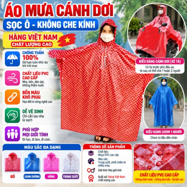 Áo Mưa Cánh Dơi Sọc Ô Không Che Kính và Sọc Caro Có Nhựa Trong Cho Đèn Xe. LMS