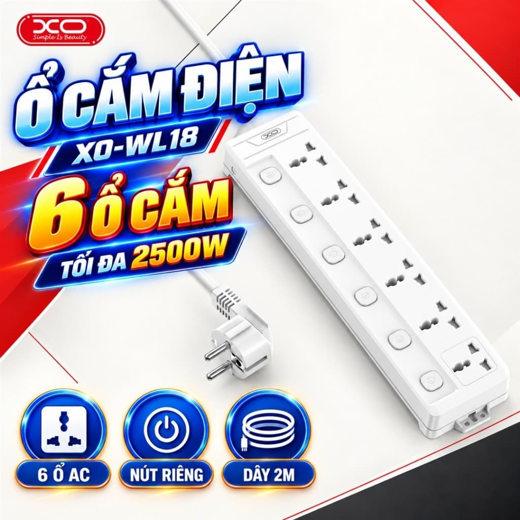 Ổ Cắm Điện XO Việt Nam WL18 – 6 Ổ Cắm Công Tắc Độc Lập, Công Suất 2500W, Dây Dài 2m, Chống Giật An Toàn | XO WL18