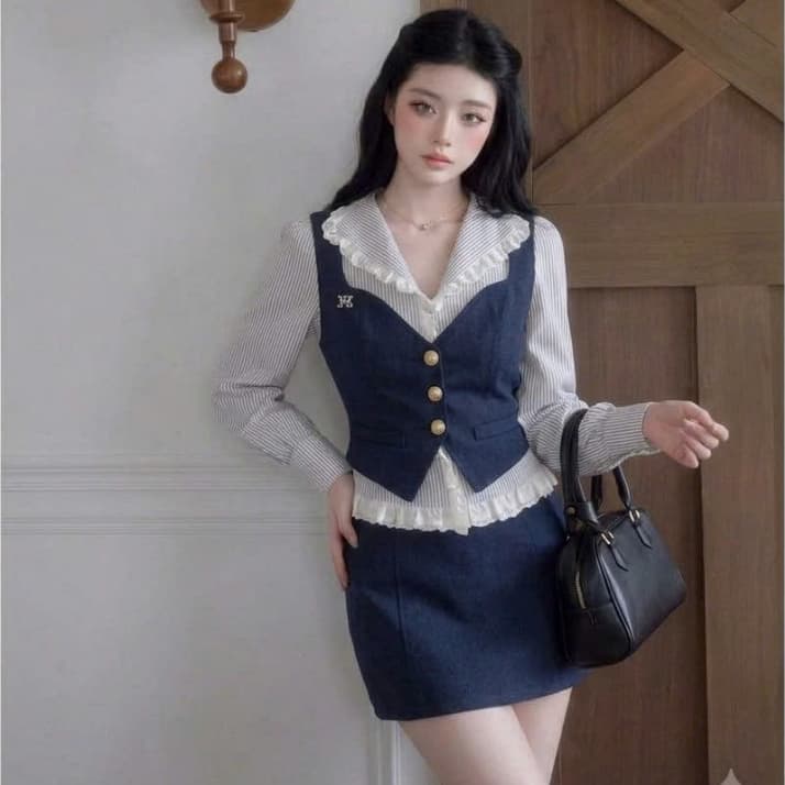 Sét ghile 3 món áo somi sọc viền ren JARI phong cách tiểu thư sang trọng chất liệu cao cấp đi học,đi làm..full size