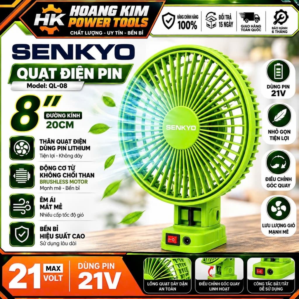 1 Thân Quạt 21V Không Chổi Than SENKYO QL-08, Lồng Nhựa 8Inch, Êm Ái Bền Bỉ, Chân Pin Phổ Thông