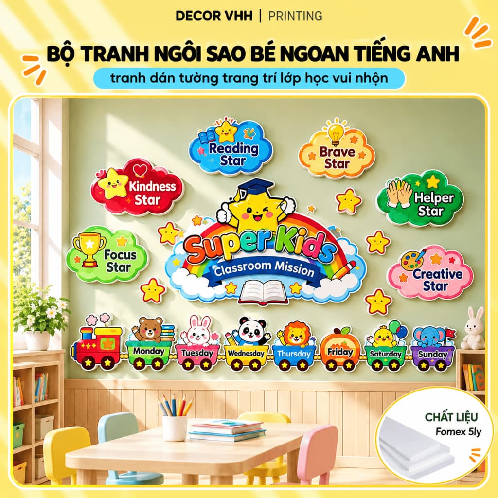 Tranh trang trí lớp học tiếng Anh Superkids class tranh dán tường mầm non trường học mẫu giáo fomex 5ly (TA307)