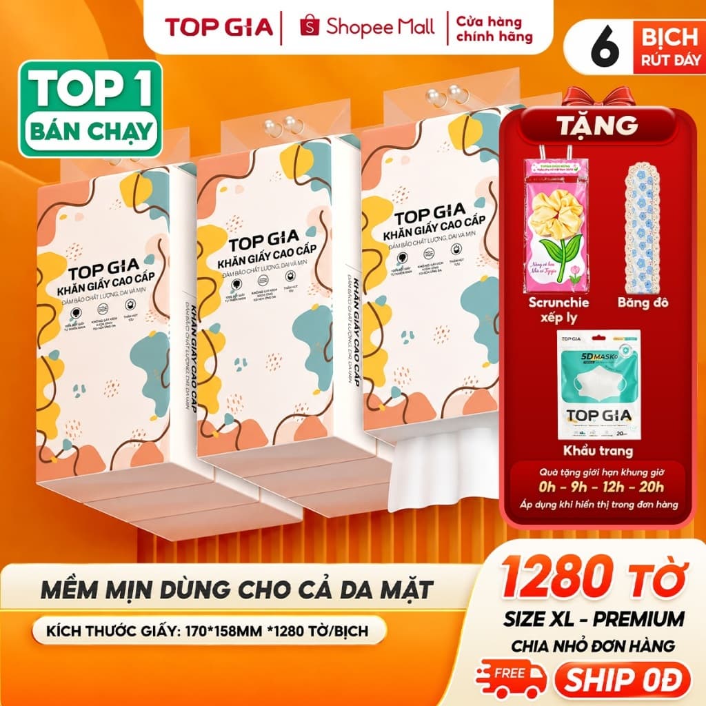Giấy vệ sinh treo tường TopGia đa sắc đa năng từ bột giấy thiên nhiên, 1280tờ/4lớp