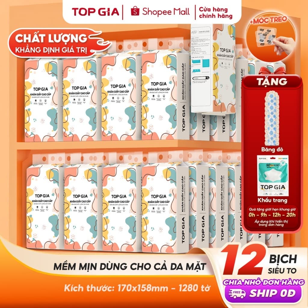 [SIÊU TO, CAO CẤP] Giấy vệ sinh treo tường TopGia thùng 10 12 8 6 bịch đa sắc, combo tiết kiệm 1280 tờ