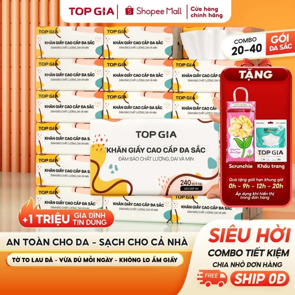 [SIÊU TIẾT KIỆM] Giấy ăn rút Topgia đa sắc cao cấp 240 tờ 4 lớp, dập vân 4D, mềm mịn, thấm hút tốt