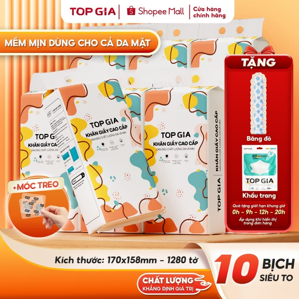 [LOẠI TO ĐẶC BIỆT] Thùng 10 bịch khăn giấy rút Top Gia treo tường đa sắc 1280 tờ, siêu dai và mềm mịn