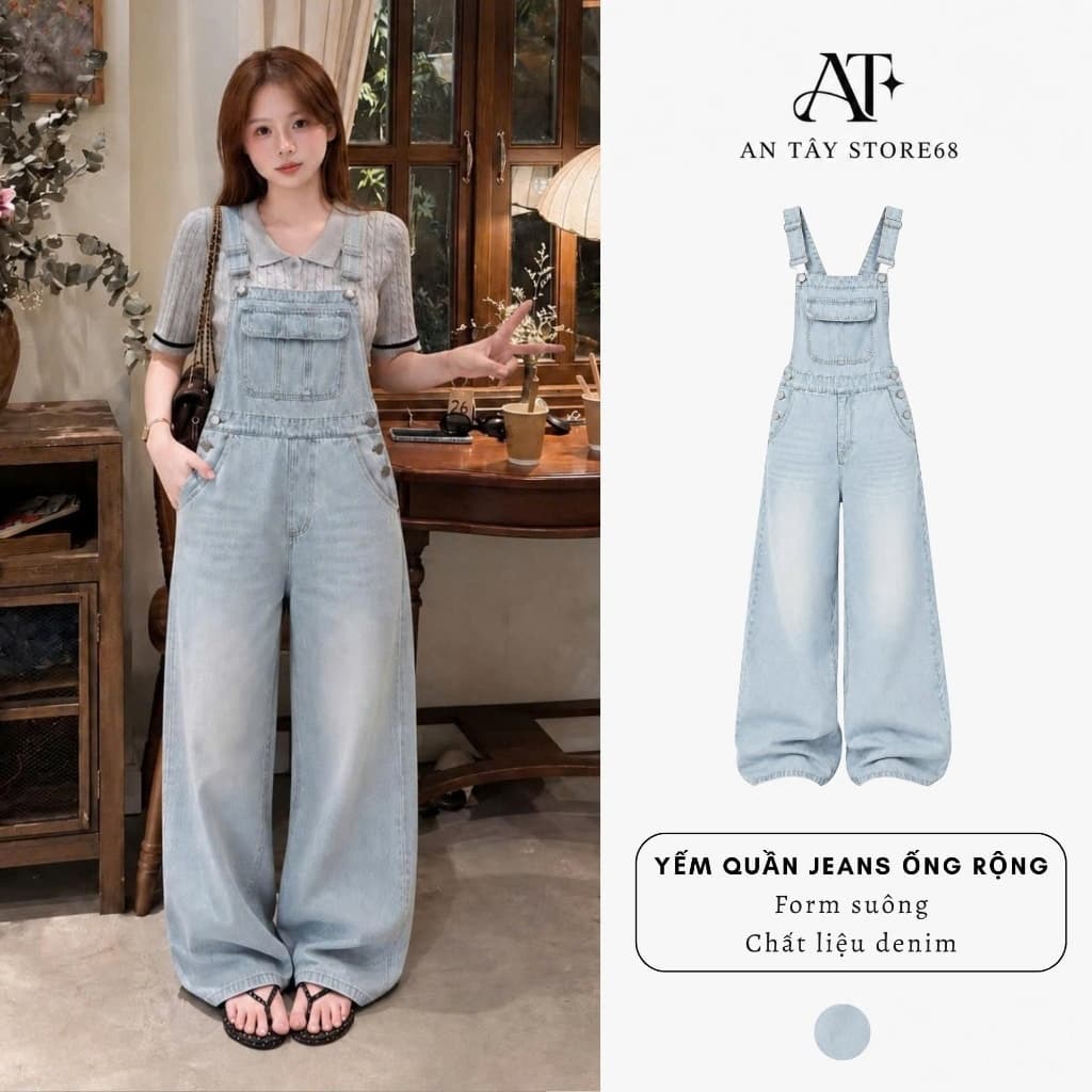 Yếm Quần Jean Nữ AN TÂY Ống Suông Trẻ Trung, Vải Jean Mềm Cao Cấp #8737 Màu Xanh Nhạt