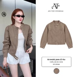 Áo Khoác Nữ Cổ Tàu Khoá Kéo AN TÂY Form Lửng Cá Tính, Style Hàn Quốc Trendy, Vải Denim Đẹp #8907 Màu Be Trà Sữa 1