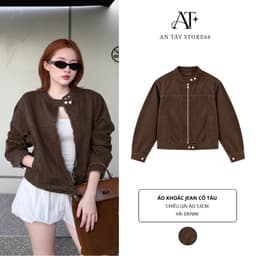 Áo Khoác Nữ Cổ Tàu Khoá Kéo AN TÂY Form Lửng Cá Tính, Style Hàn Quốc Trendy, Vải Denim Đẹp #8905 Màu Nâu Choco 1