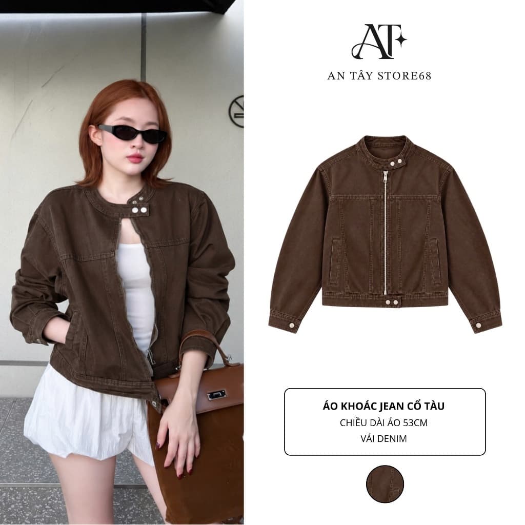 Áo Khoác Nữ Cổ Tàu Khoá Kéo AN TÂY Form Lửng Cá Tính, Style Hàn Quốc Trendy, Vải Denim Đẹp #8905 Màu Nâu Choco