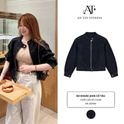 Áo Khoác Nữ Cổ Tàu Khoá Kéo AN TÂY Form Lửng Cá Tính, Style Hàn Quốc Trendy, Vải Denim Đẹp #8801 Màu Xanh Than 1