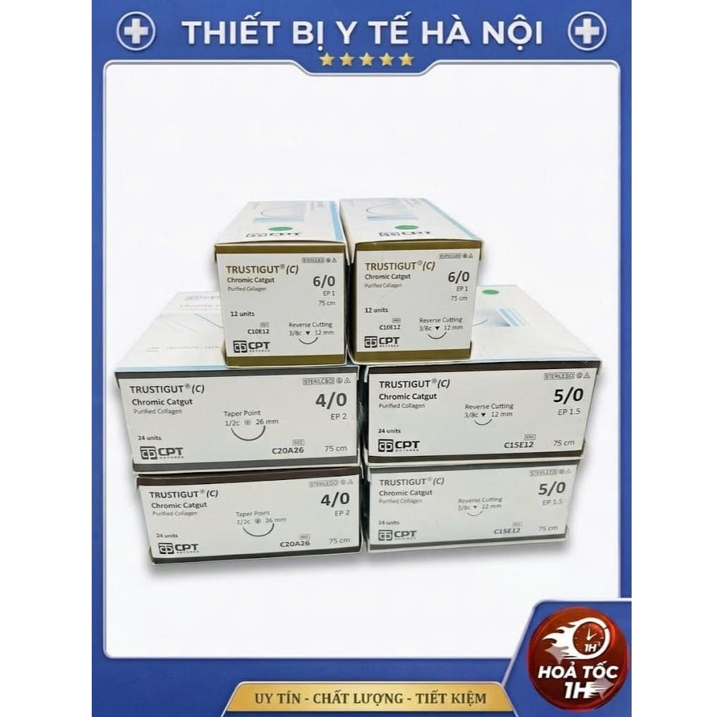 [ Bán theo hộp ] Chỉ Tự Tiêu CPT TRUSTIGUT C 4/0 5/0 6/0 (CHROMIC CATGUT) - CHÍNH HÃNG