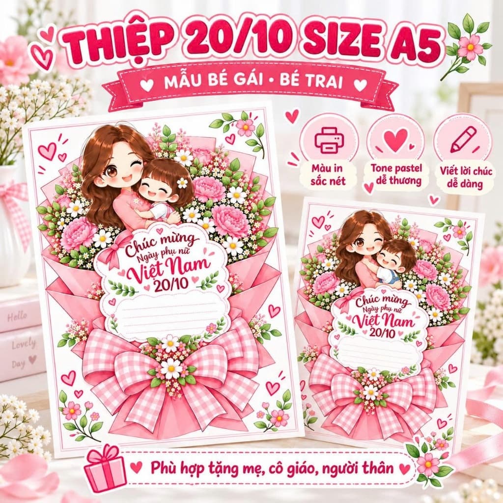 Thiệp 20/10 cỡ A5 mẫu bé gái bé trai, in màu pastel dễ thương cho các bé tặng mẹ tặng cô TIỆM IN HADANA