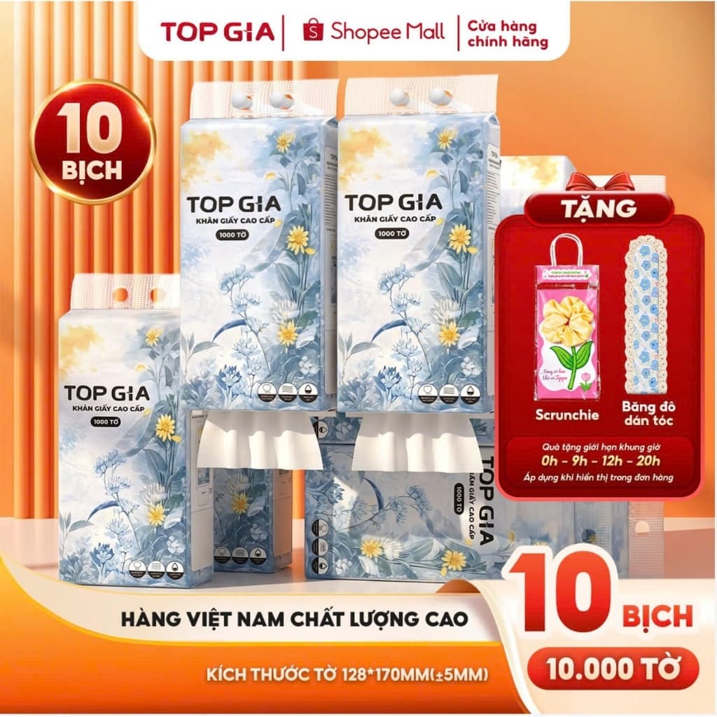 COMBO LỚN 10 bịch rút đáy mộc an Topgia 1000 tờ, 4 lớp dày dặn, hàng Việt Nam chất lượng cao, thùng 5/10 bịch