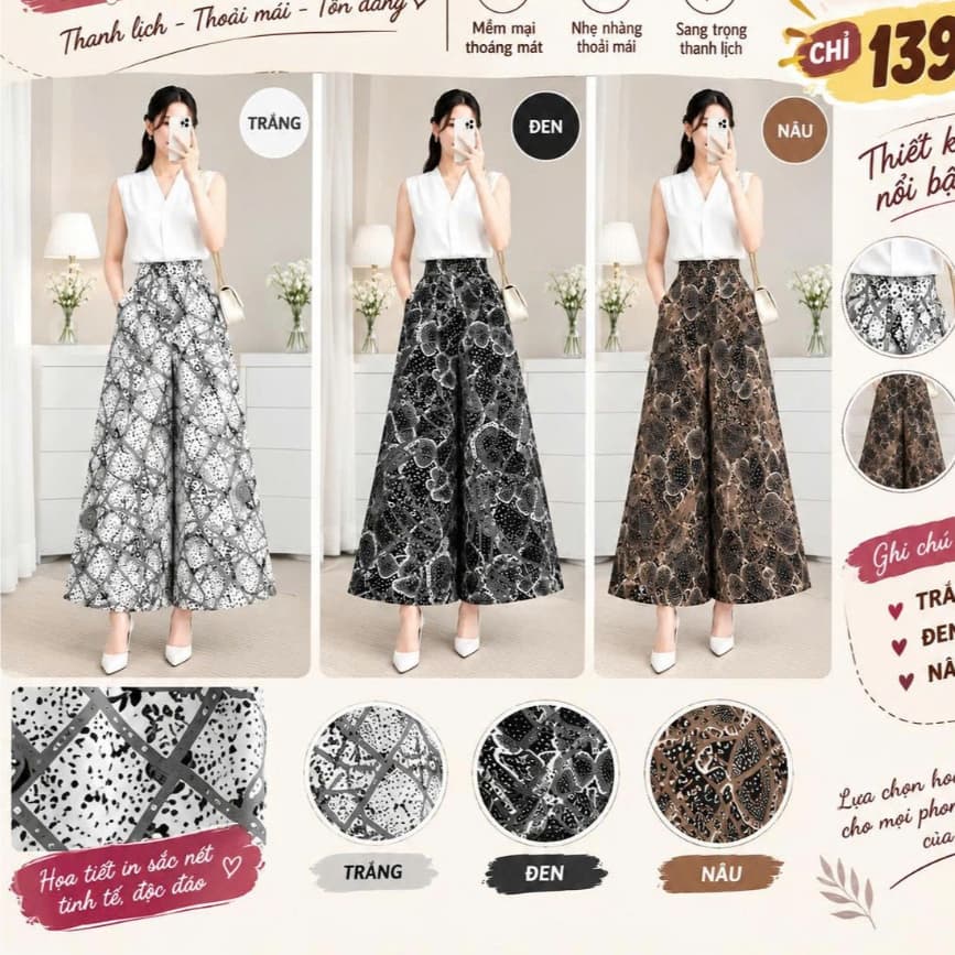 Quần Váy Nữ Lụa Mango Ống Rộng Dáng Dài Họa Tiết, 3 Màu Đen Trắng Nâu, Lẻ Và Combo 2-3 Quần