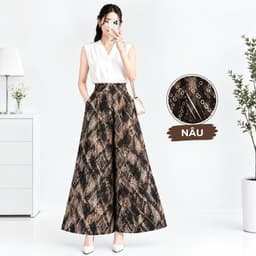 Quần Váy Nữ Lụa Mango Ống Rộng Dáng Xòe Họa Tiết Dây Xích, Đen Kem Nâu, Lẻ Và Combo 2-3 Quần 4