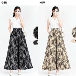 Quần Váy Nữ Lụa Mango Ống Rộng Dáng Xòe Họa Tiết Dây Xích, Đen Kem Nâu, Lẻ Và Combo 2-3 Quần 5