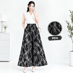 Quần Váy Nữ Lụa Mango Ống Rộng Dáng Xòe Họa Tiết Dây Xích, Đen Kem Nâu, Lẻ Và Combo 2-3 Quần 2