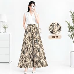 Quần Váy Nữ Lụa Mango Ống Rộng Dáng Xòe Họa Tiết Dây Xích, Đen Kem Nâu, Lẻ Và Combo 2-3 Quần 3