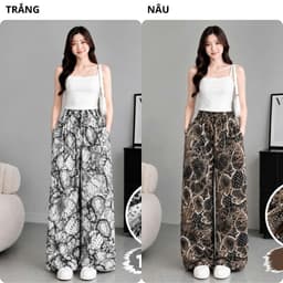 (001) Quần Dài Nữ Lụa Mango Ống Suông Rộng Họa Tiết, Lưng Thun Dây Rút, Đen Trắng Nâu, Lẻ Và Combo  7