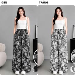 (001) Quần Dài Nữ Lụa Mango Ống Suông Rộng Họa Tiết, Lưng Thun Dây Rút, Đen Trắng Nâu, Lẻ Và Combo  5
