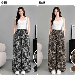 (001) Quần Dài Nữ Lụa Mango Ống Suông Rộng Họa Tiết, Lưng Thun Dây Rút, Đen Trắng Nâu, Lẻ Và Combo  6