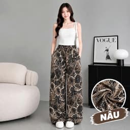 (001) Quần Dài Nữ Lụa Mango Ống Suông Rộng Họa Tiết, Lưng Thun Dây Rút, Đen Trắng Nâu, Lẻ Và Combo  4