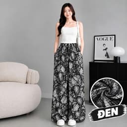 (001) Quần Dài Nữ Lụa Mango Ống Suông Rộng Họa Tiết, Lưng Thun Dây Rút, Đen Trắng Nâu, Lẻ Và Combo  2