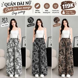 (001) Quần Dài Nữ Lụa Mango Ống Suông Rộng Họa Tiết, Lưng Thun Dây Rút, Đen Trắng Nâu, Lẻ Và Combo  1