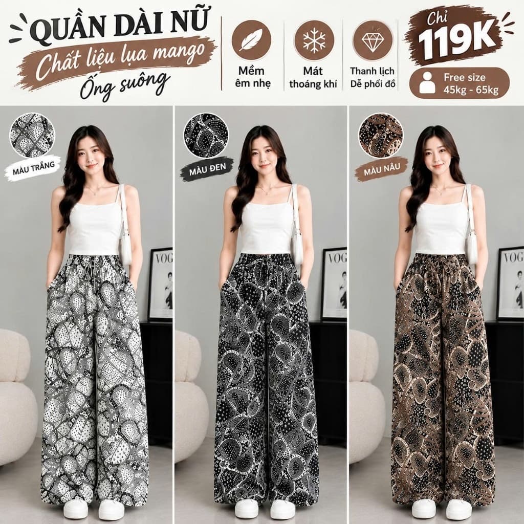 (001) Quần Dài Nữ Lụa Mango Ống Suông Rộng Họa Tiết, Lưng Thun Dây Rút, Đen Trắng Nâu, Lẻ Và Combo 