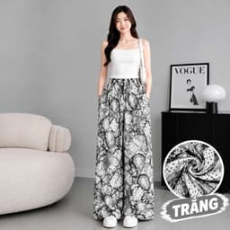 (001) Quần Dài Nữ Lụa Mango Ống Suông Rộng Họa Tiết, Lưng Thun Dây Rút, Đen Trắng Nâu, Lẻ Và Combo  3