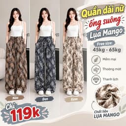 Quần Dài Nữ Lụa Mango Ống Suông Rộng Họa Tiết Dây Xích, Lưng Thun, Đen Kem Nâu, Lẻ Và Combo 2-3 1