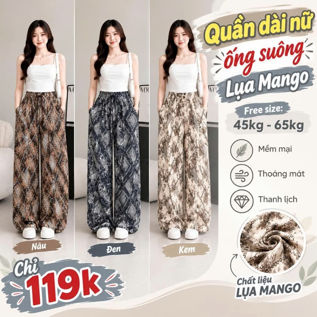 Quần Dài Nữ Lụa Mango Ống Suông Rộng Họa Tiết Dây Xích, Lưng Thun, Đen Kem Nâu, Lẻ Và Combo 2-3