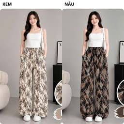Quần Dài Nữ Lụa Mango Ống Suông Rộng Họa Tiết Dây Xích, Lưng Thun, Đen Kem Nâu, Lẻ Và Combo 2-3 7