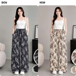Quần Dài Nữ Lụa Mango Ống Suông Rộng Họa Tiết Dây Xích, Lưng Thun, Đen Kem Nâu, Lẻ Và Combo 2-3 5